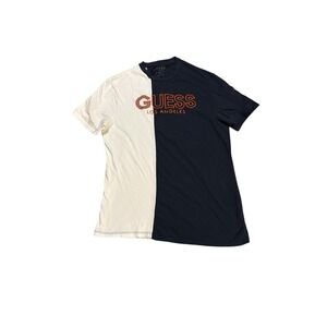 Guess Colorblock Graphic Tee White Blue Mens Size Medium Spellout Embroidered